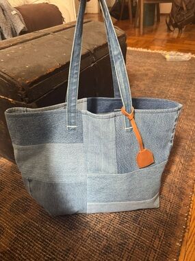 Clare V. Volie Denim Patchwork Tote Bag with Tan Accent